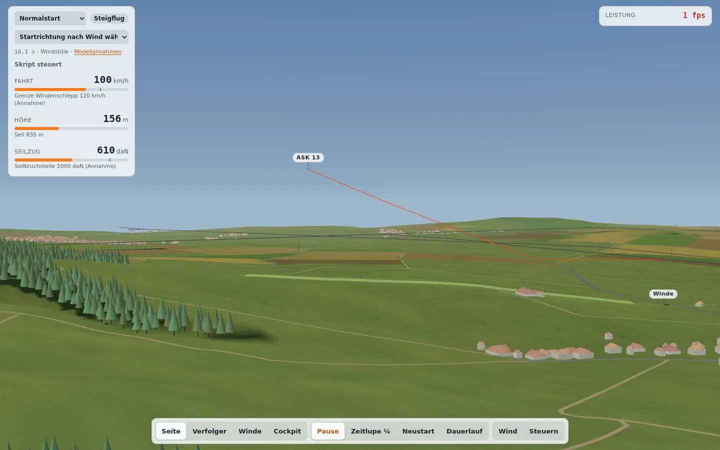 Segelflugzeug ASK 13 im Steigflug am roten Windenseil über dem Segelflugplatz Hellenhagen, links die Anzeigen für Fahrt, Höhe und Seilzug, rechts die Winde.